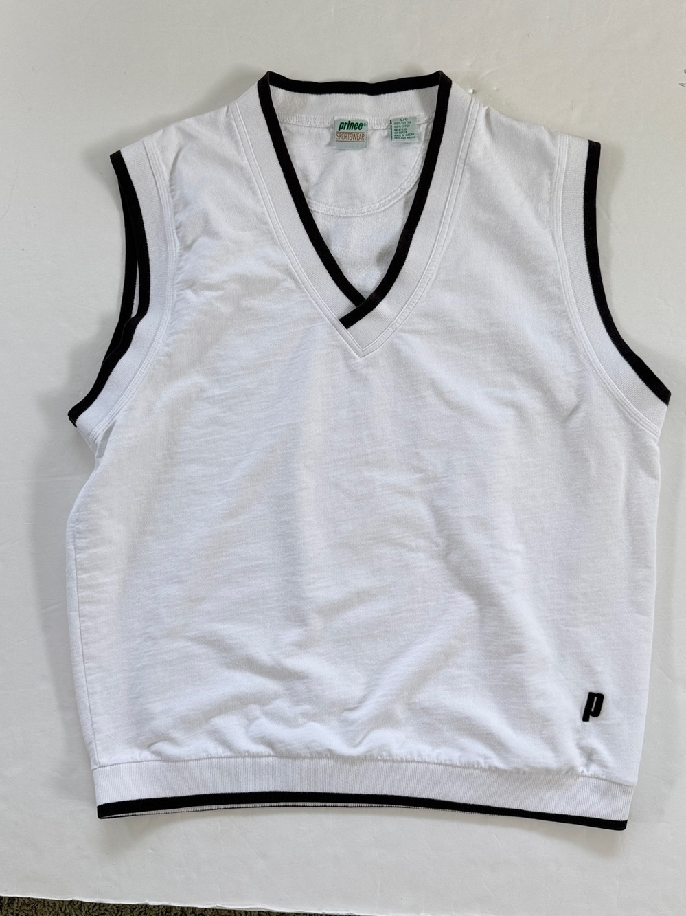 Vintage Mens White Sleeveless V-Neck Cotton Knit Tennis Vest Large Preppy - Picture 5 of 7